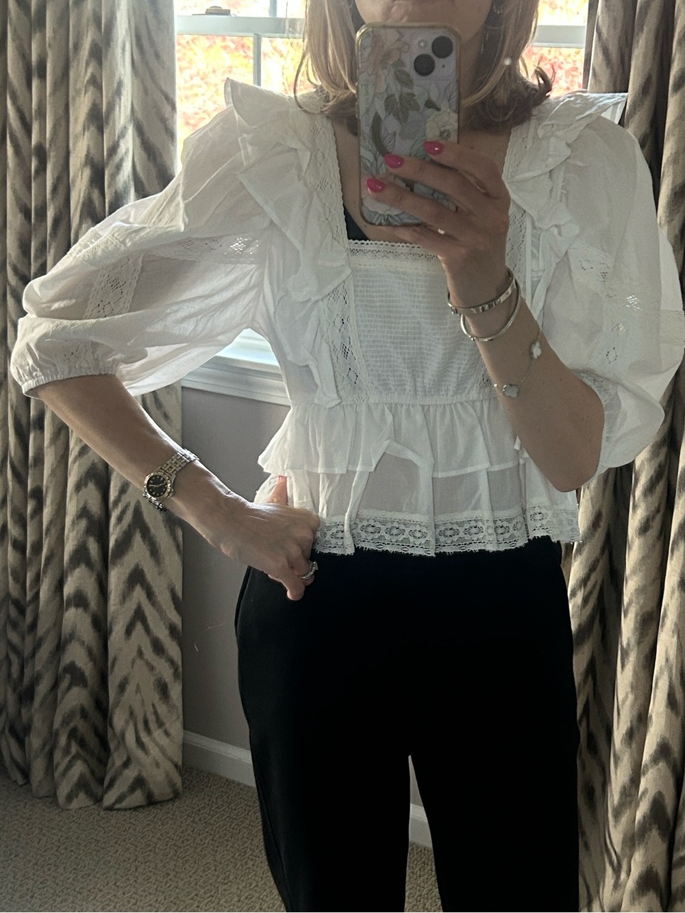White Ruffled Lace-Trim Peasant Blouse - Women's Top